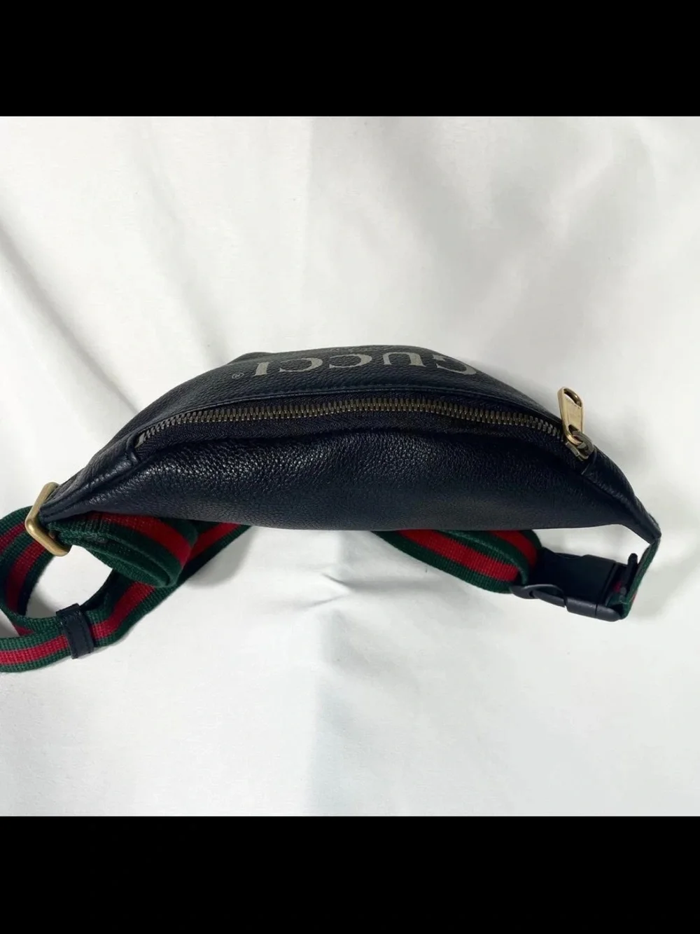 Gucci Black Leather Belt Bag with Green-Red Web Stripe